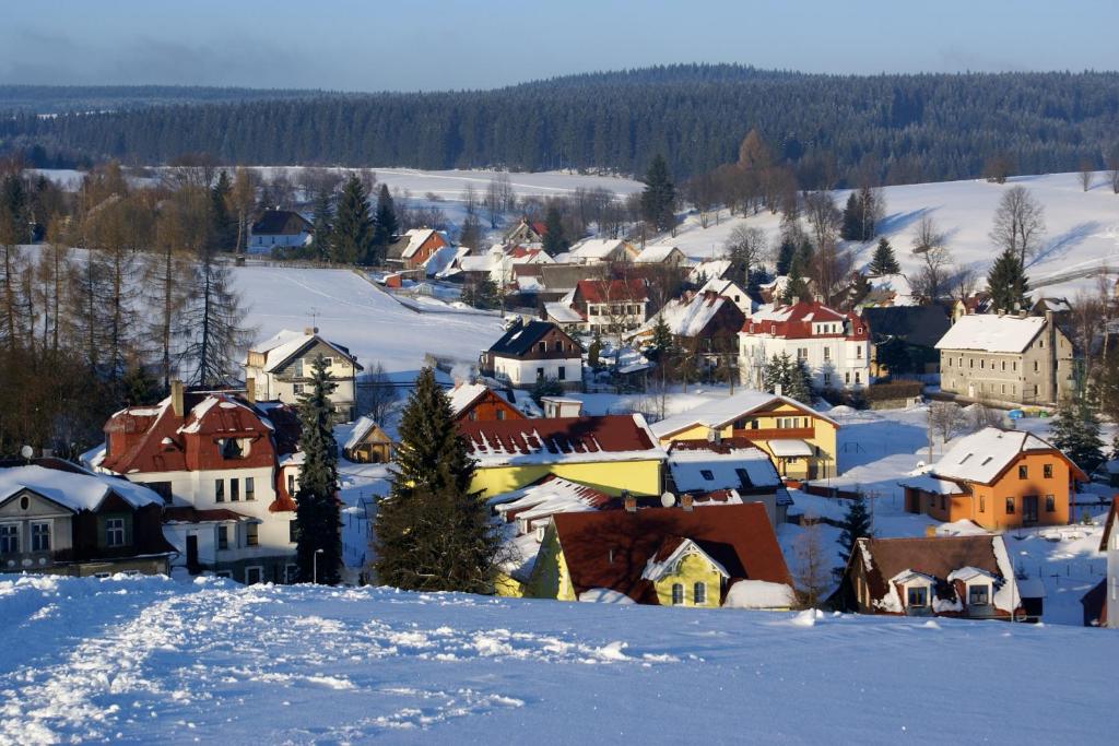 una pequeña ciudad cubierta de nieve en una colina en Penzion "Apartmány U Semušky", en Pernink