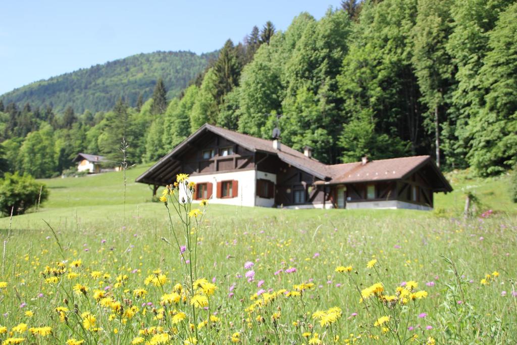 a house in the middle of a field with flowers at Bed and Breakfast Cappeler in Tione di Trento