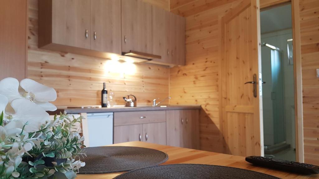 uma cozinha com paredes de madeira, uma mesa e um lavatório em Willa Aleksander em Rewal