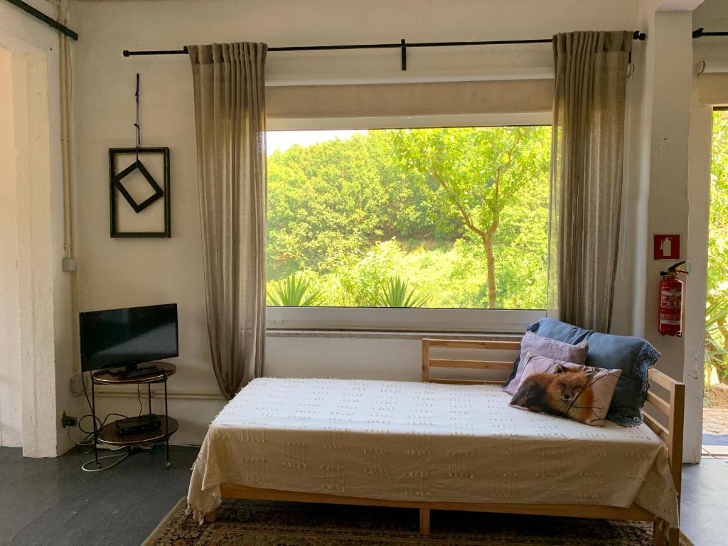 Schlafzimmer mit einem Bett vor einem Fenster in der Unterkunft Loft - Casinha à Porta in Arouca