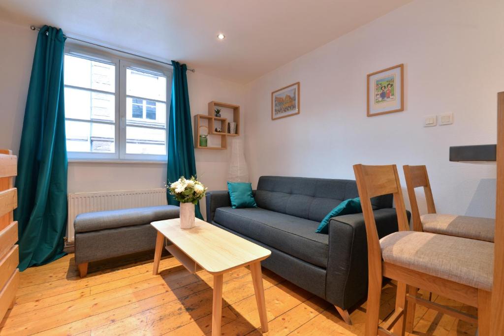 un salon avec un canapé et une table dans l'établissement Appartement Le cosy de la Petite Venise, à Colmar