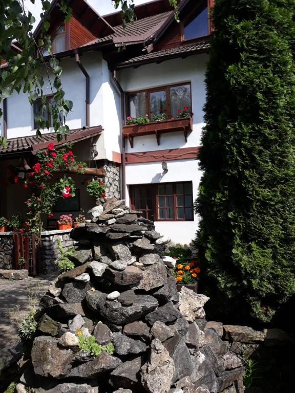 a rock garden in front of a house at Pensiunea Trei Ponei in Corbeni