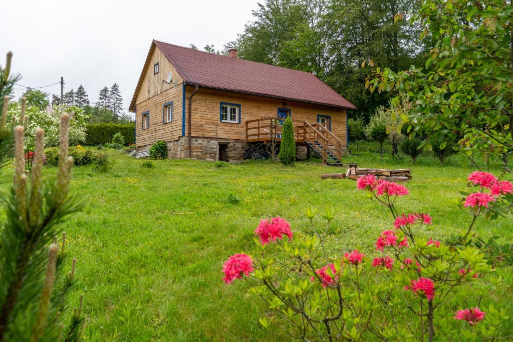 a wooden house in a field with pink flowers at Domek Na Polanie in Budzów