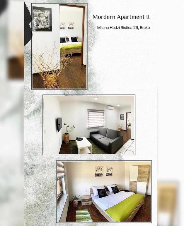 a collage of three pictures of a bedroom and a living room at Modern Apartment 2 in Brčko