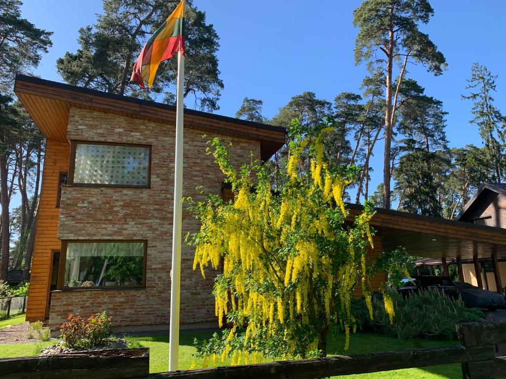 uma bandeira num poste em frente a uma casa em Kulautuva Rest Home em Kulautuva