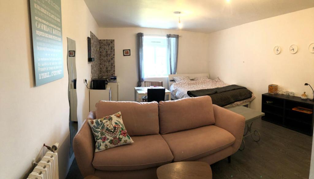 un salon avec un canapé et un lit dans l'établissement studio 20 min de la mer idéal pour les déplacements professionnels, à Plouaret