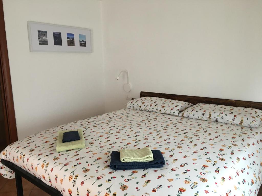 a bedroom with a bed with two items on it at Baita Dal Vikingo in Sorico