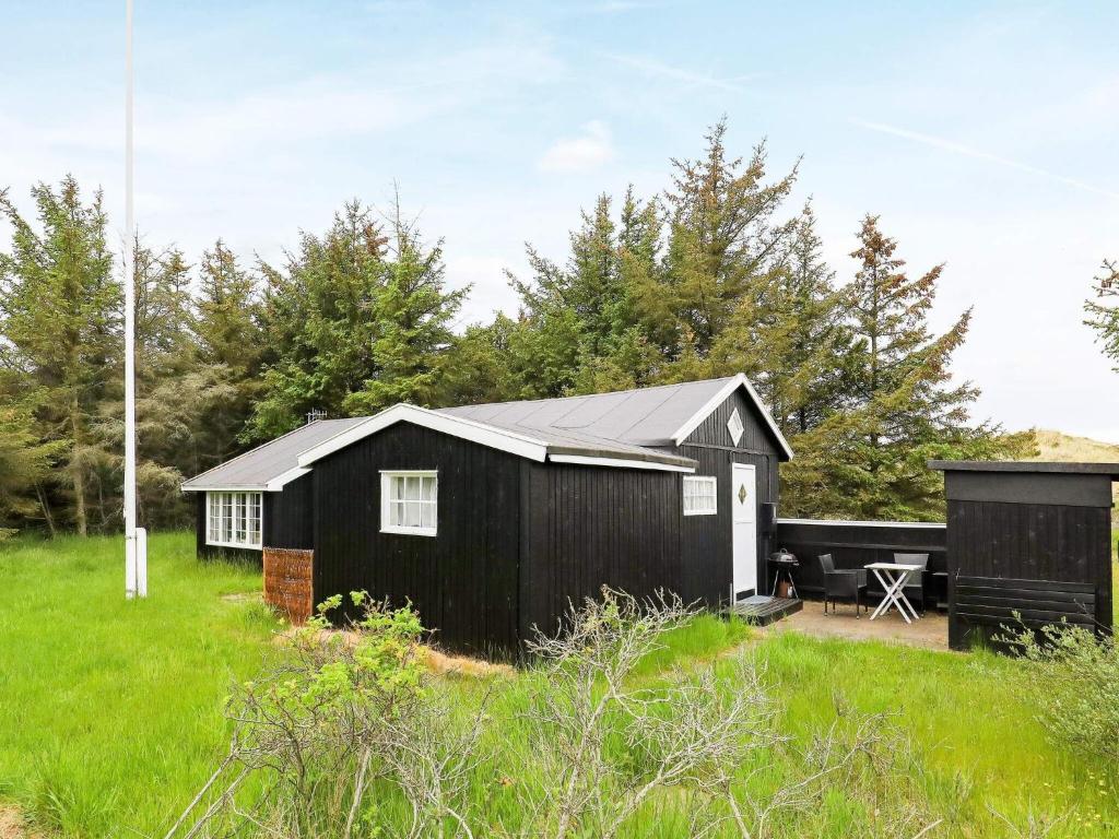 スケーエンにある4 person holiday home in Skagenの木の茂る草原の黒小屋