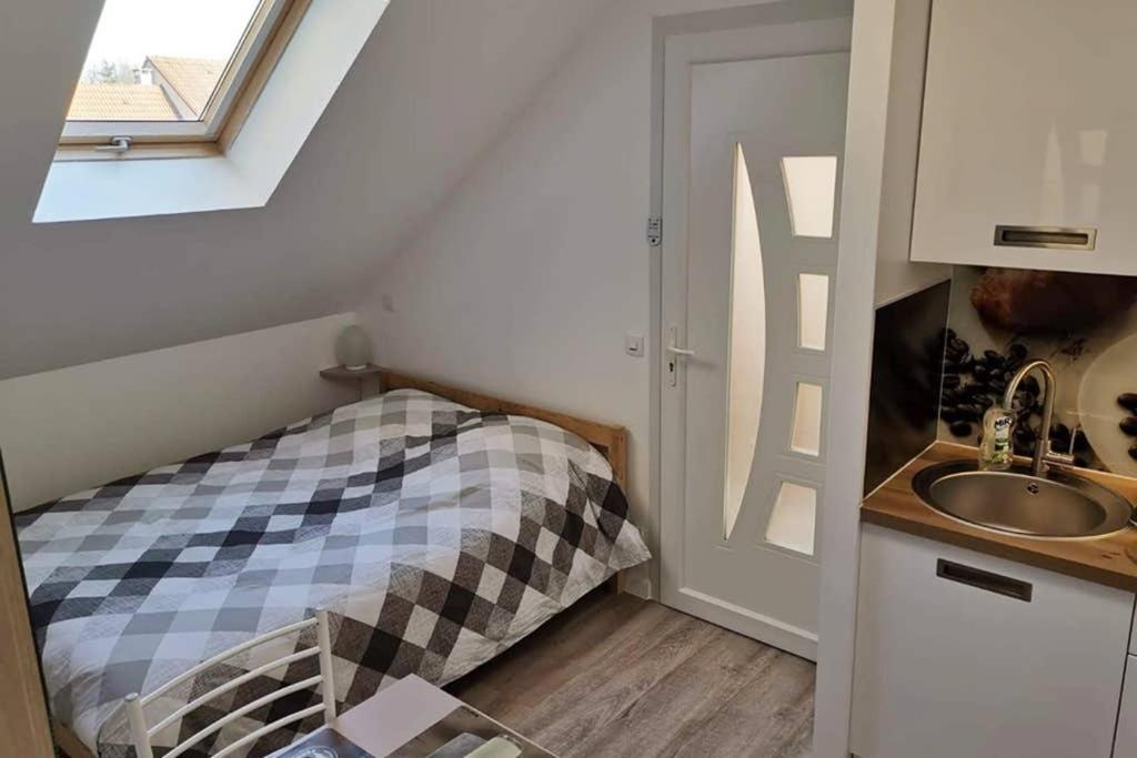 Kleines Zimmer mit einem Bett und einem Waschbecken in der Unterkunft Studio Cosy Douillet et Fonctionnel in Savigny-le-Temple