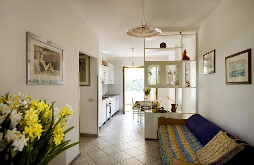 Casa degli Agrumi في بومونته: غرفة معيشة مع أريكة ومطبخ
