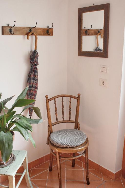 a chair in a room with a mirror and a plant at Apartma Raft, Bovec in Bovec