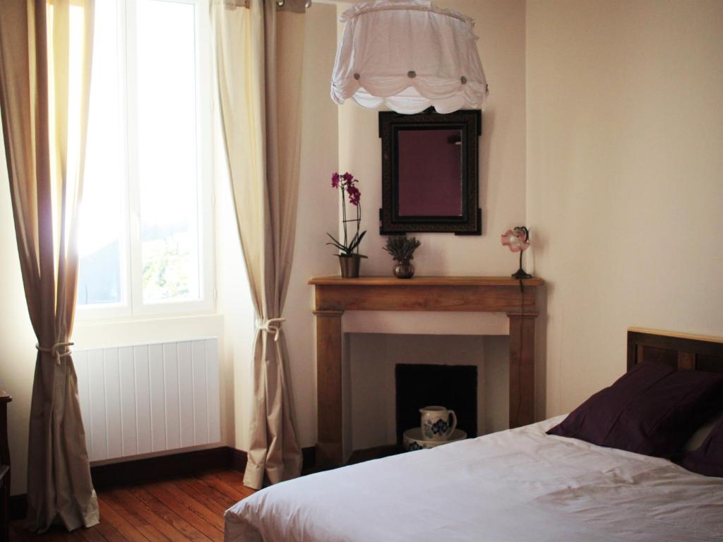 - une chambre avec une cheminée, un miroir et un lit dans l'établissement Chez Juliette Maison Gite Hôtel, à Rontignon