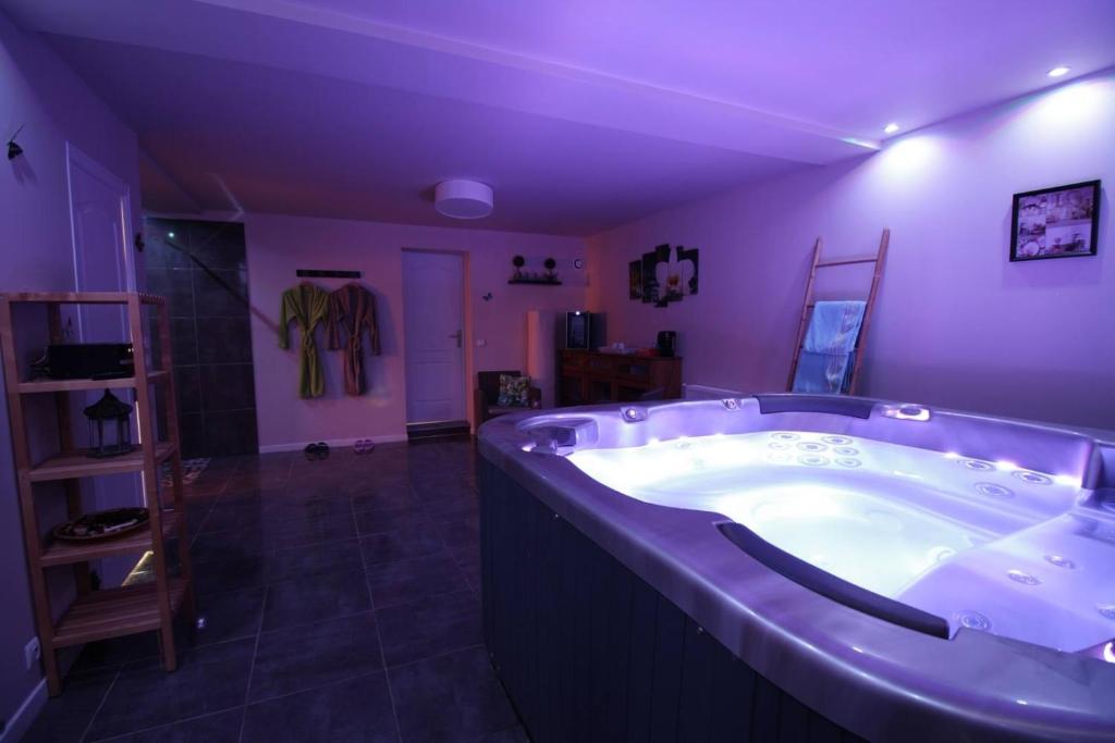 eine große Badewanne im Badezimmer mit violetter Beleuchtung in der Unterkunft Le Cocon - Gite Spa et Sauna privatif en Centre Alsace in Saint-Maurice