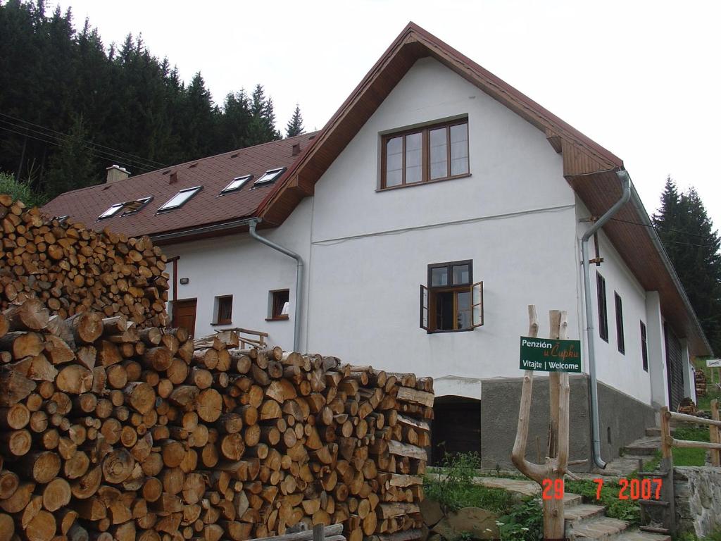 a house with a pile of logs in front of it at Penzión u Čupku in Mlynky 