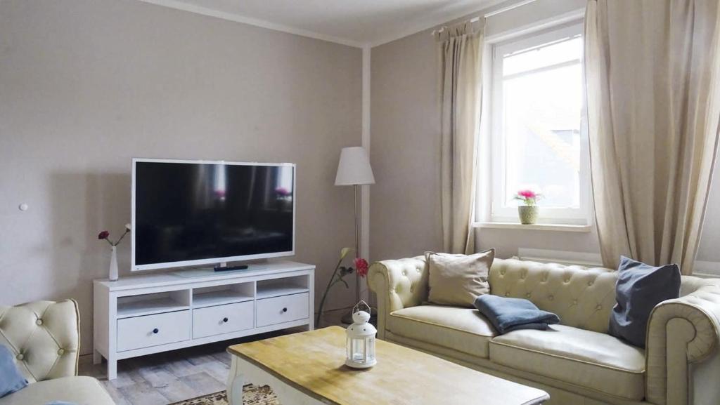 a living room with a couch and a flat screen tv at Ferienwohnung Ziesing Friedrichsbrunn in Thale