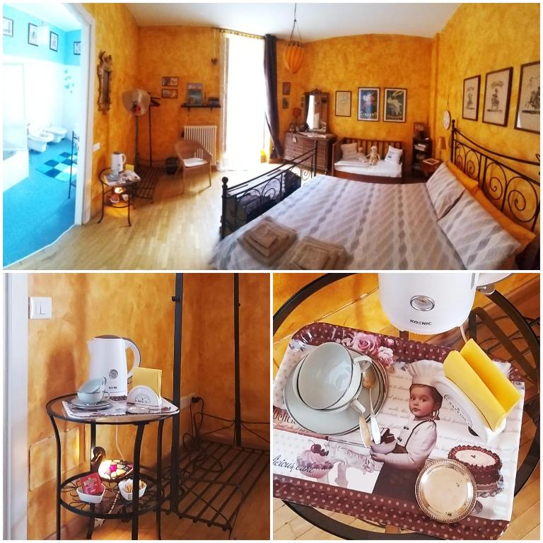 a collage of pictures of a room with a child in a bed at B&B Le Fate Del Lago in Lierna