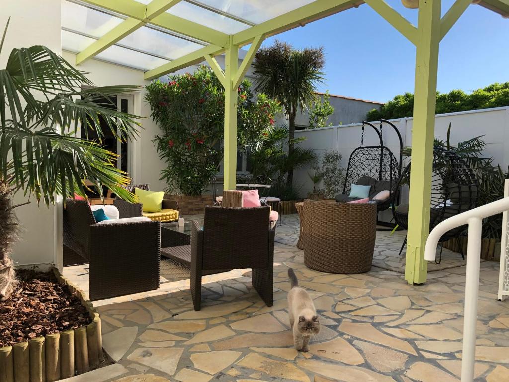 a cat is standing on a patio with chairs at Cit'Hotel Atlantis in Royan
