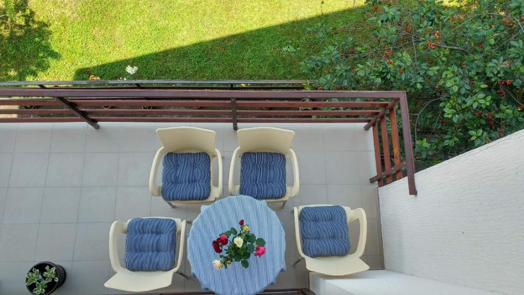 four chairs and a table with a plant on it at Zeleno srce in Soko Banja