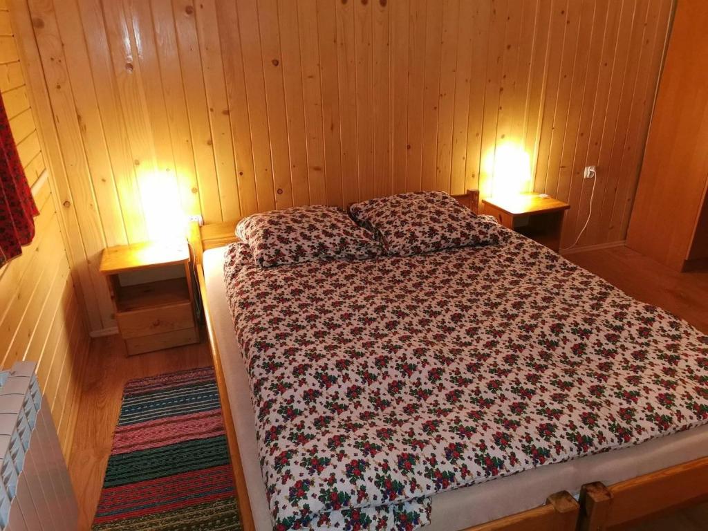 ツァルニ・ドゥナイェツにあるWynajem pokoiのランプ2つ付きの木造の部屋のベッド1台