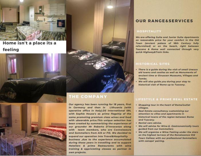 a brochure for a hotel room with a bed and a table at Sophie`s Home in Gallese