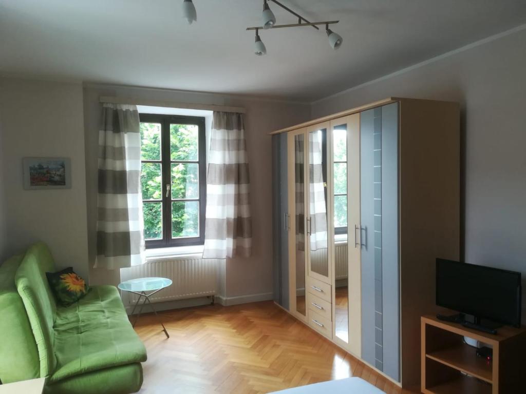ein Wohnzimmer mit einem grünen Sofa und einem TV in der Unterkunft Ferienwohnung Madlene 1 in Gablitz