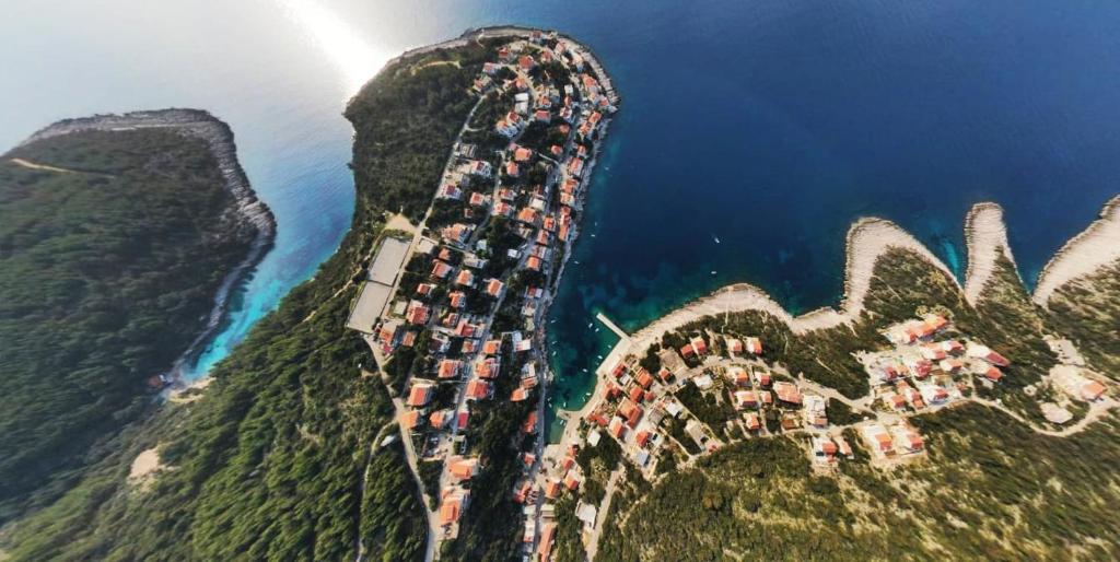 an aerial view of a mountain next to the ocean at Apartments Tanja in Zavalatica
