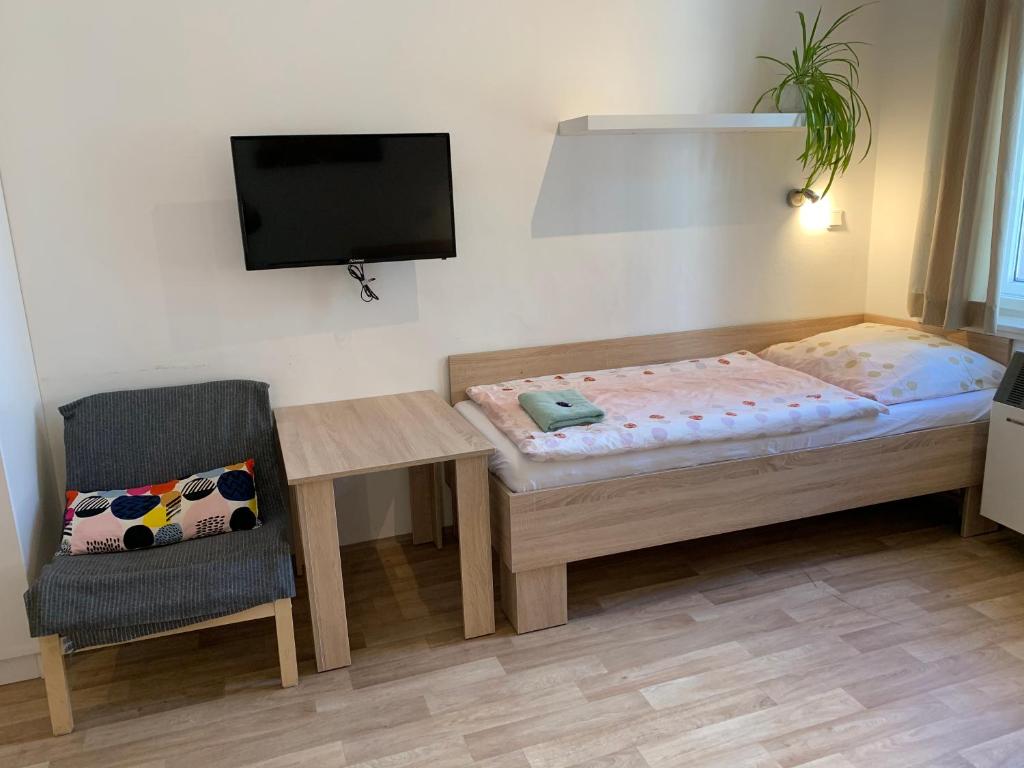 een slaapkamer met een bed, een tv en een stoel bij Penzion MAR in Hradec Králové