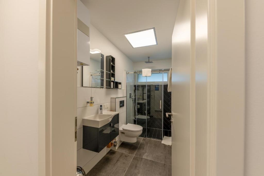 La salle de bains est pourvue de toilettes et d'un lavabo. dans l'établissement Seedomizil, à Friedrichshafen