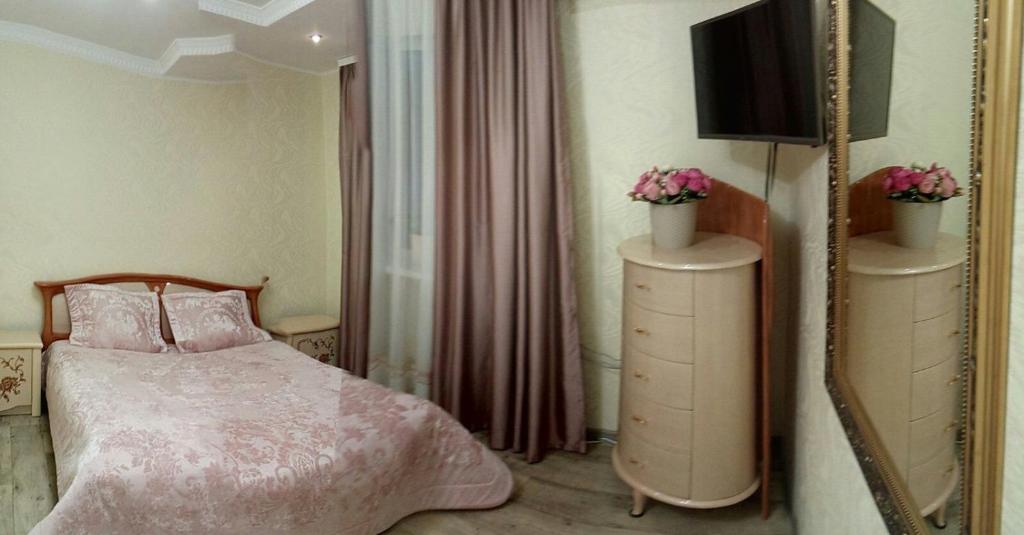ムィコラーイウにある2 комнатная 3-я Слободская и Кузнецкаяのベッドルーム(ベッド1台、鏡、テレビ付)