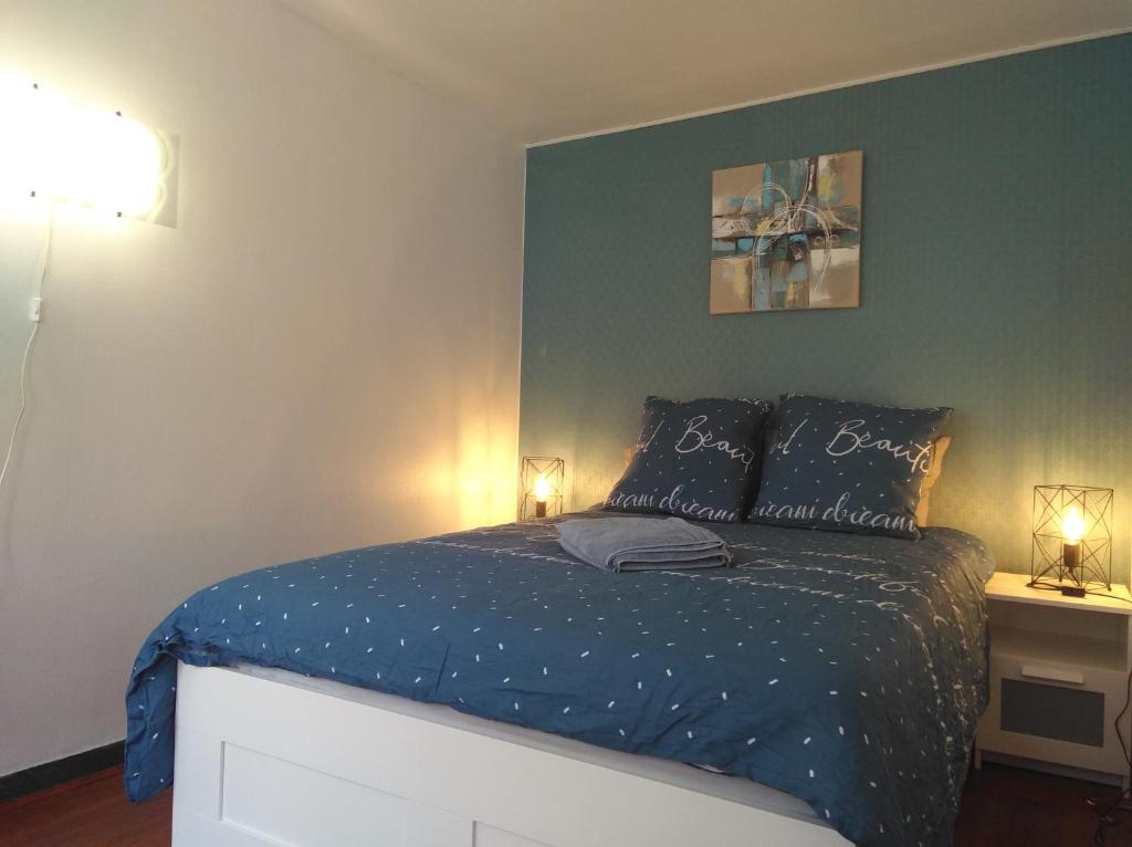 a bedroom with a bed with a blue comforter at Le Gambetta in Poitiers