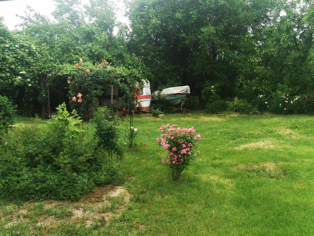 un jardín con cenador y flores en la hierba en Къщата на Краси, 