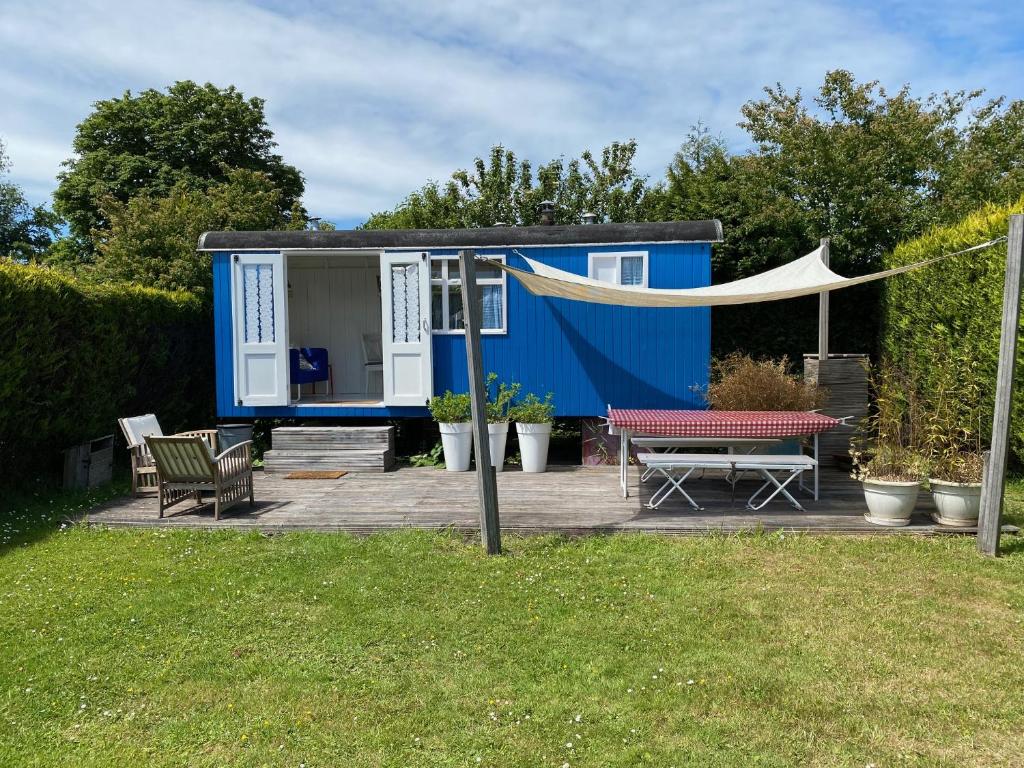 a blue tiny house with a picnic table and a tent at Little blue house (on the campsite) in Oostvoorne