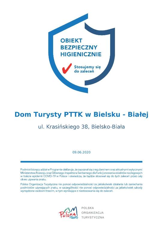 Certifikát, hodnocení, plakát nebo jiný dokument vystavený v ubytování Dom Turysty PTTK w Bielsku - Białej