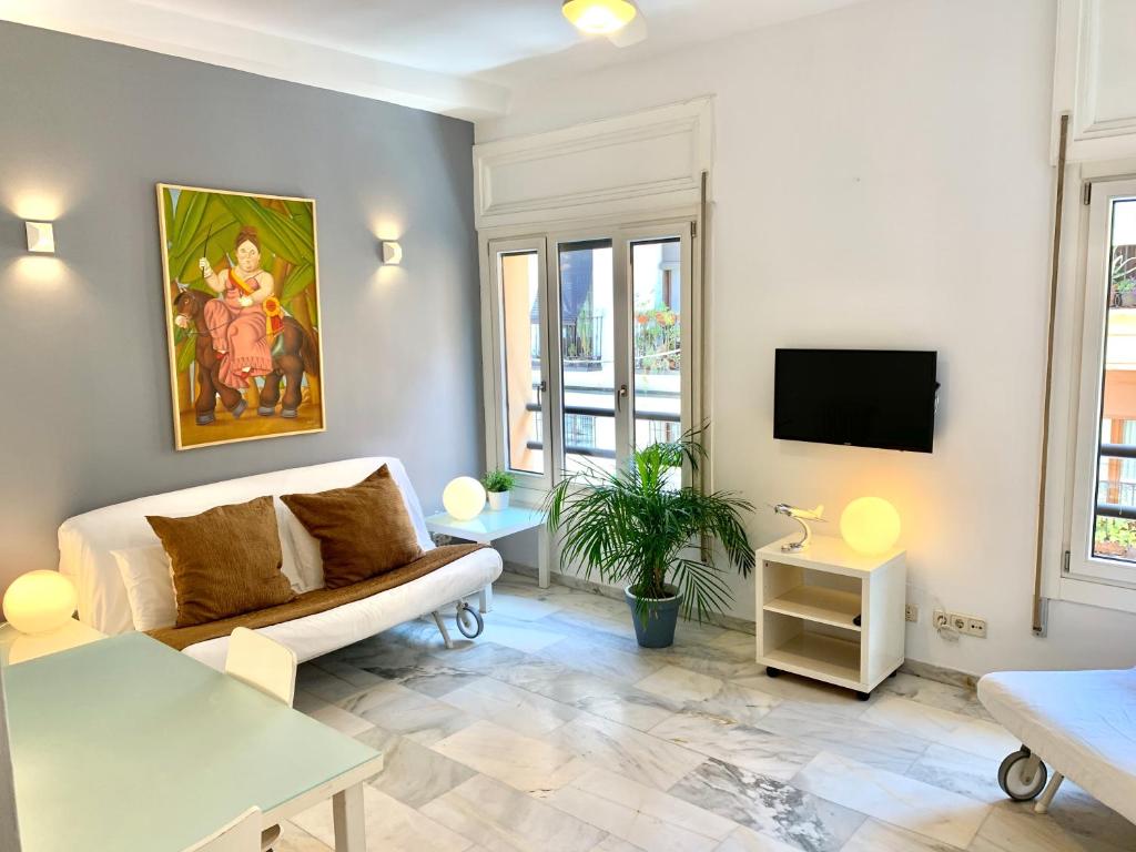 a living room with a couch and a tv at Apartamentos Puerta Del Sol - Plaza Mayor in Madrid