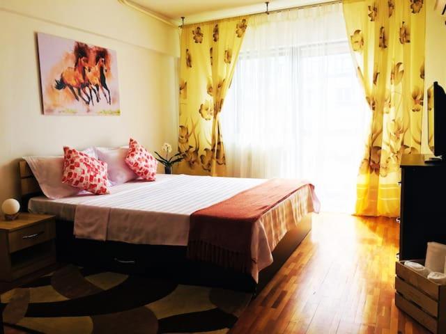 um quarto com uma cama e uma janela com cortinas em City Center Unirii Square Private rooms with City View - Shared Amenities em Bucareste