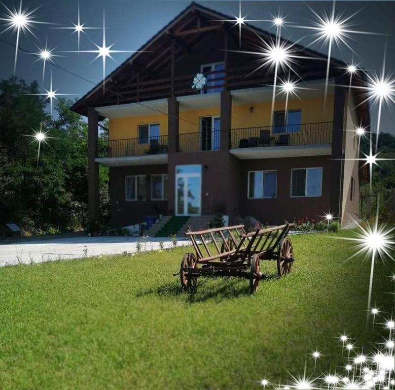 a bench sitting in the grass in front of a house at Pensiunea Alex & Andry in Cordun
