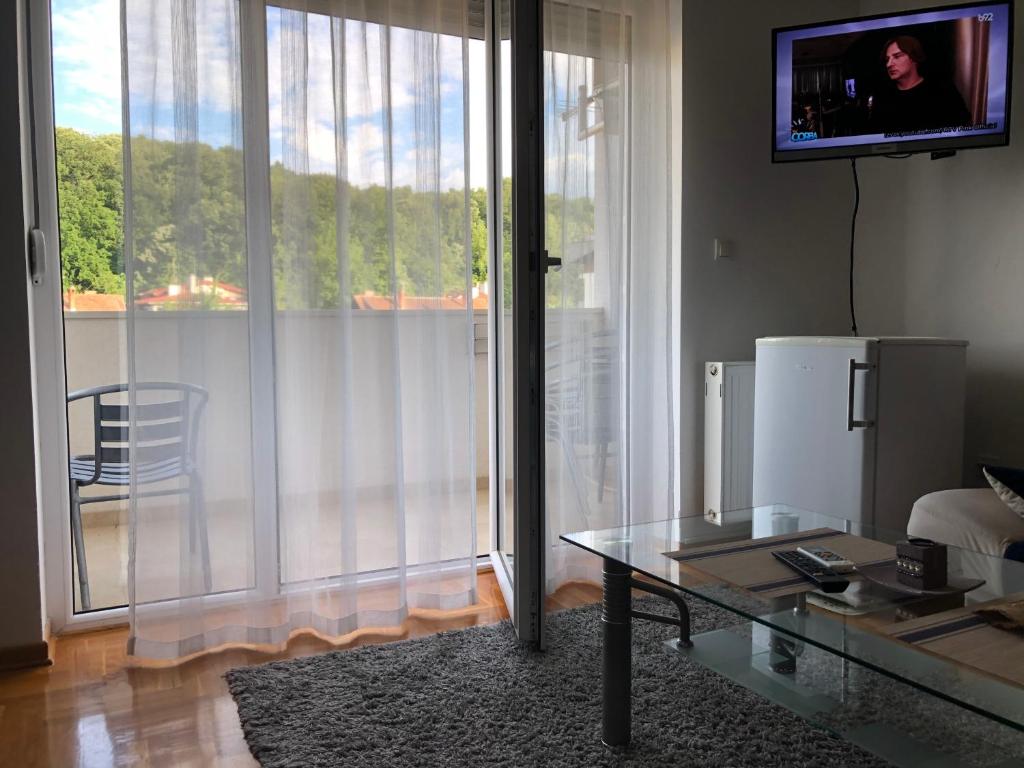 uma sala de estar com uma porta de vidro deslizante para uma varanda em Studio Apartman NENA em Vrnjačka Banja