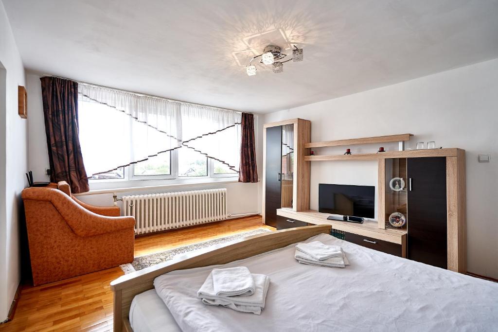 a bedroom with a bed and a chair and a window at Camere de inchiriat ROMAN in Vişeu de Sus