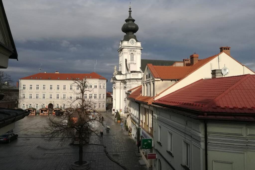 una ciudad con una torre de reloj en la distancia en Apartament Barbara - przy rynku, en Wadowice