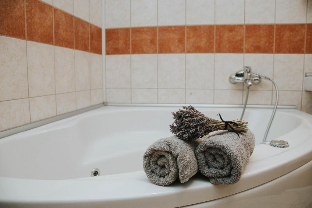 a bath tub with towels on top of it at Apartma Metija LUX z savno in Kobarid