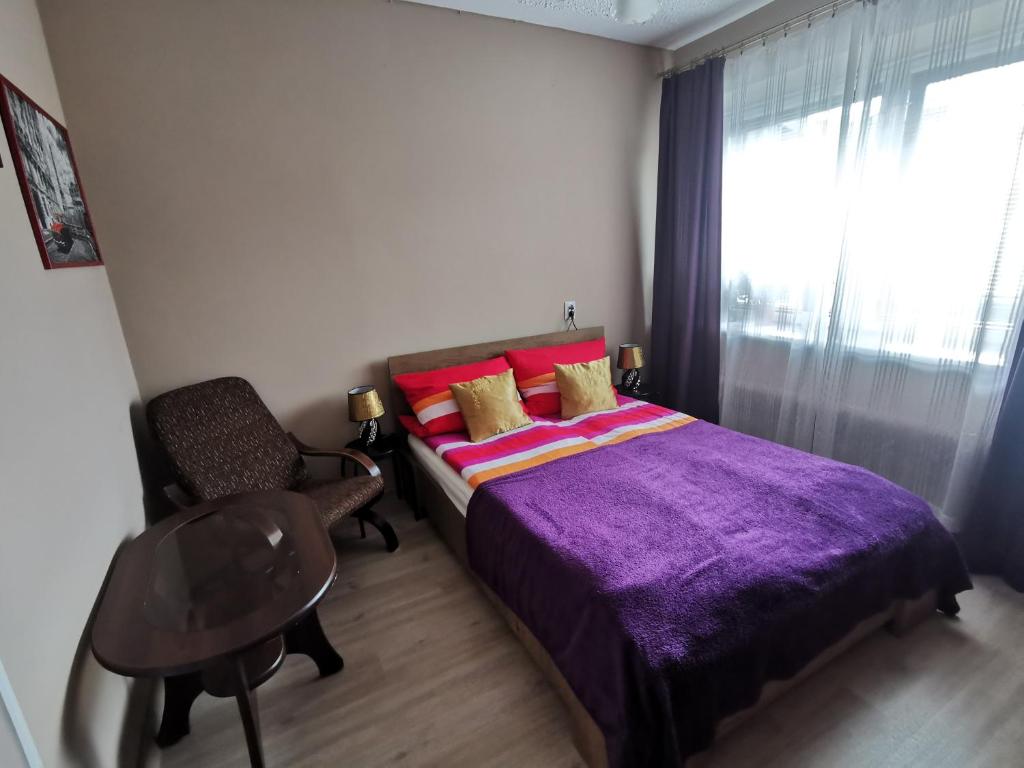 ニサにあるStary Hajduczekのベッドルーム(紫色のベッド1台、椅子、窓付)