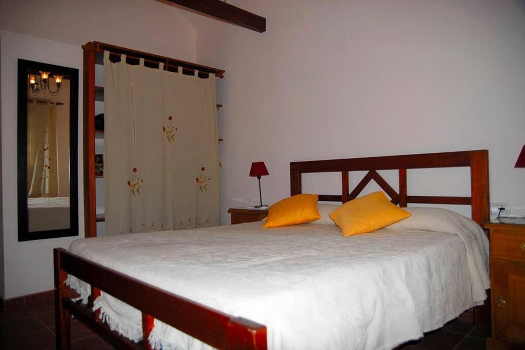 1 dormitorio con 1 cama con 2 almohadas de color naranja en Casa Rural La Casa de La Lima en Las Rosas