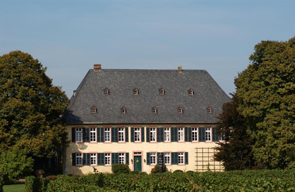 una casa grande con techo negro y árboles en Gutshotel Baron Knyphausen en Eltville