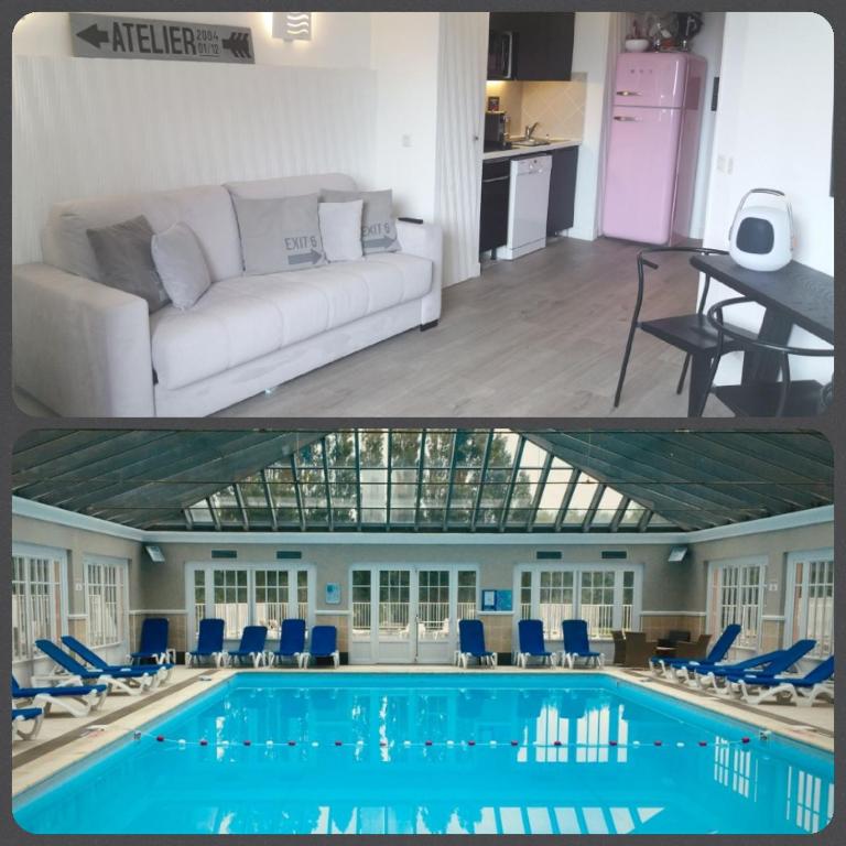 - deux photos d'un salon et d'une piscine dans l'établissement Dans la résidence les jardins d opale, à Le Touquet-Paris-Plage