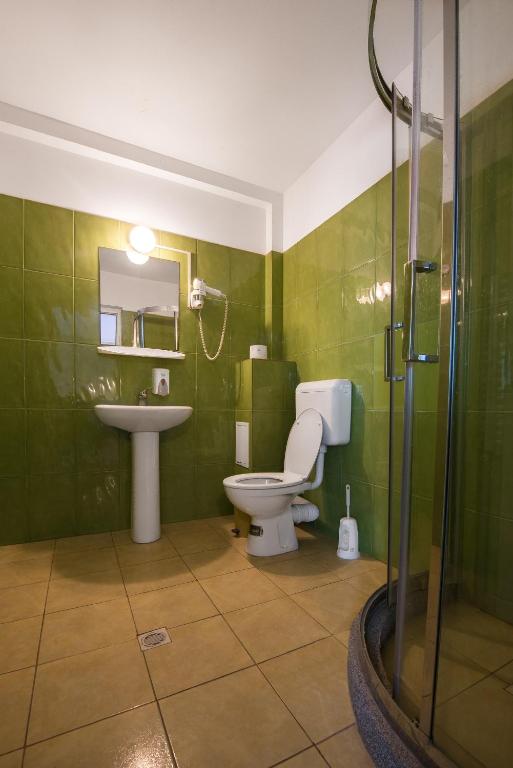 a bathroom with a toilet and a sink and a shower at Vila Levent Mangalia in Mangalia