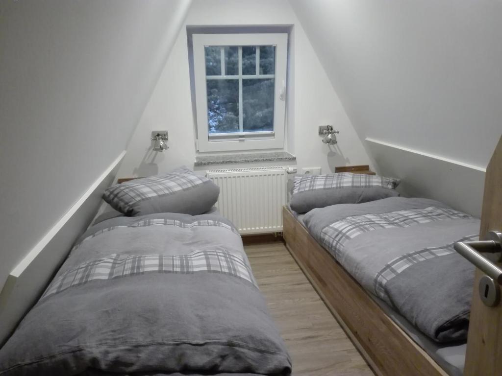 two beds in a room with a window at Finnhütte Bernstein in Gager