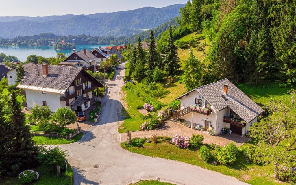an aerial view of a village with houses and a road at Apartment Nuška in Bled