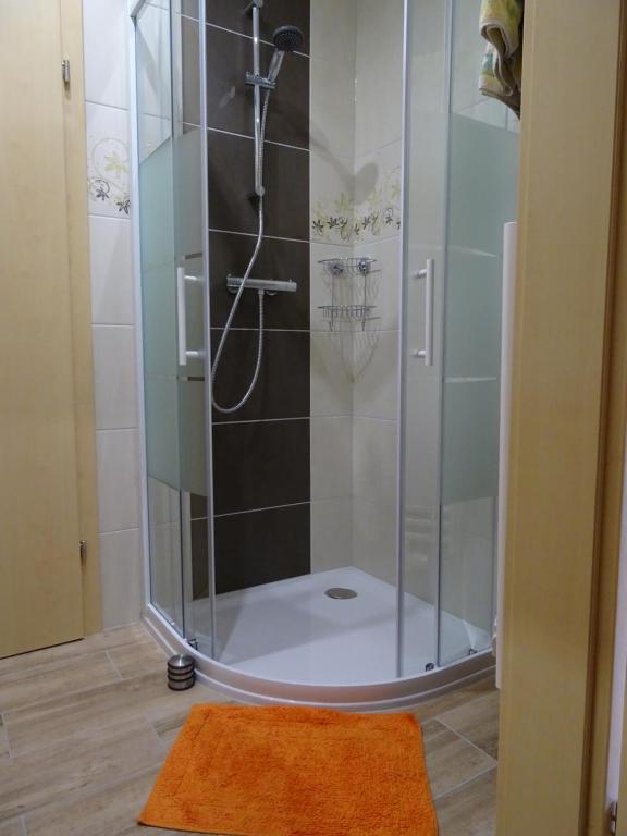 a shower in a bathroom with a glass shower stall at Bauernhof Familie Tauber-Scheidl in Grossmeinharts