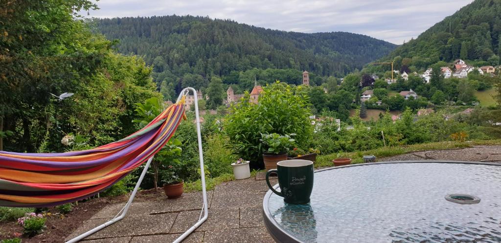 a hammock and a coffee cup sitting on a table at Miky Home in Calw