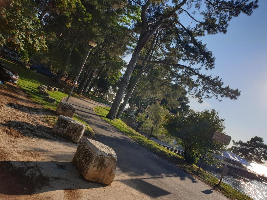 a park with trees and benches on the side of a road at Stana Apartment in Poreč